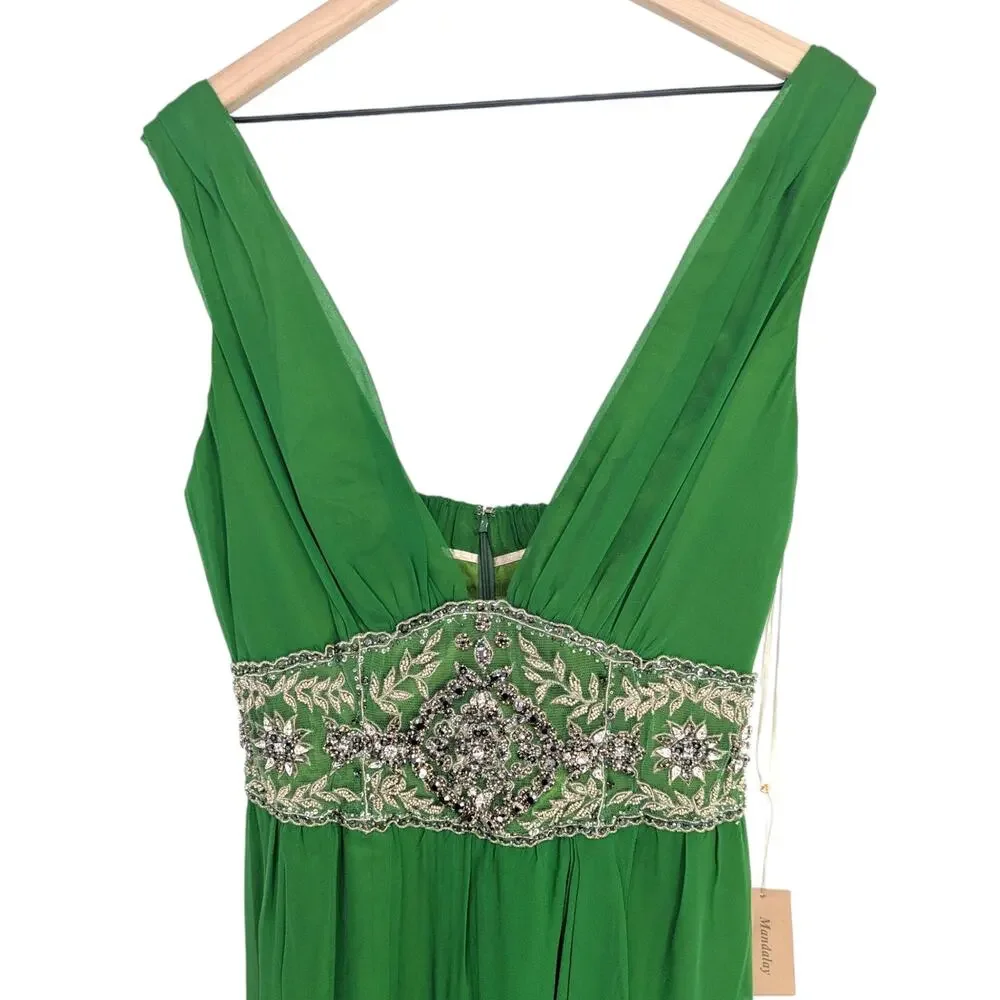 Mandalay Green Silk Beaded Empire Waist Maxi Dress Size 12